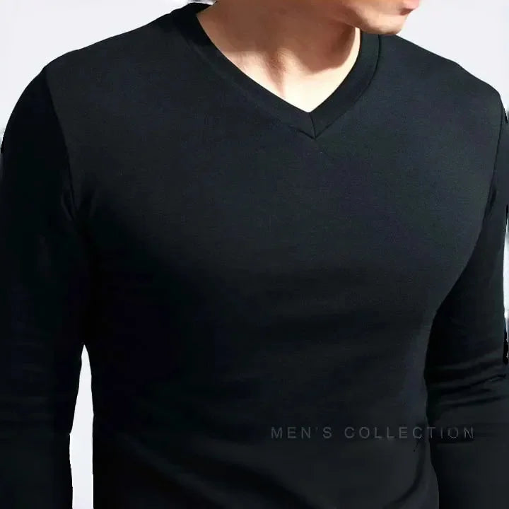 2026 Elastic Mens T-Shirt V-Neck Long Sleeve Men T Shirt For Male T-Shirts Man Clothing TShirt Brand New Solid Color Tops Tees