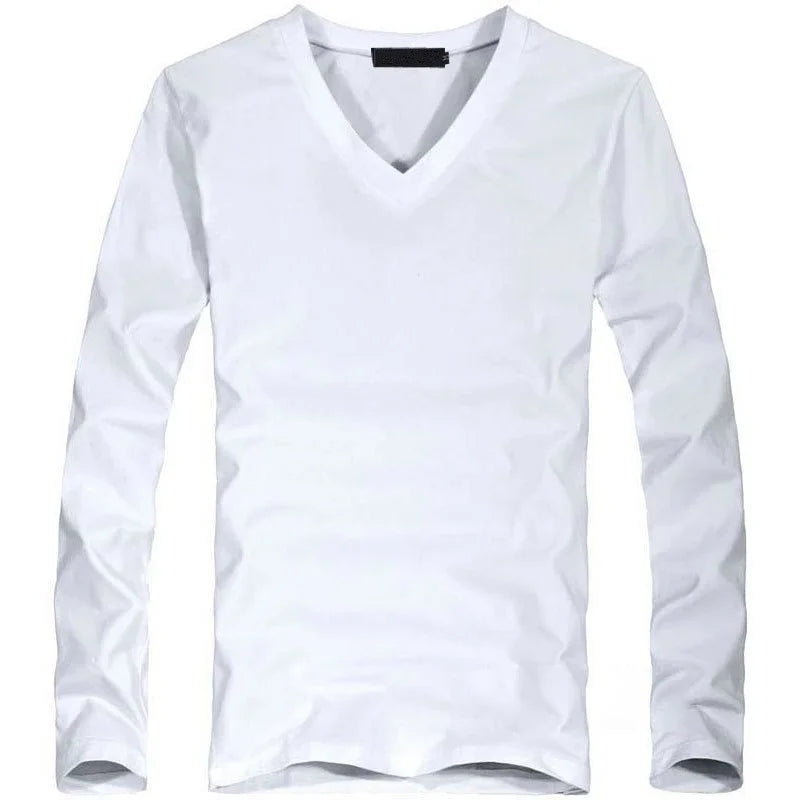 2026 Elastic Mens T-Shirt V-Neck Long Sleeve Men T Shirt For Male T-Shirts Man Clothing TShirt Brand New Solid Color Tops Tees