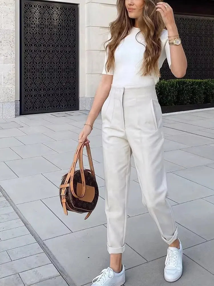 HH Women Elegant Solid Pencil Pants High Waist Pant For Women Casual Streetwear