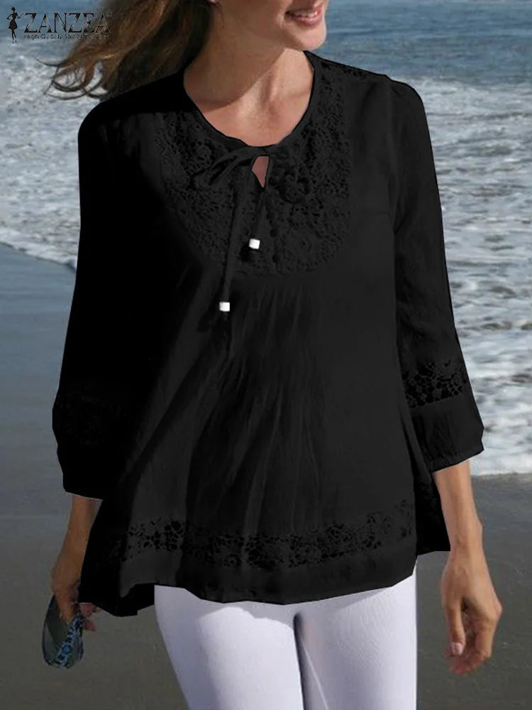 Womens Lace Patchwork Blouses ZANZEA 2025 Summer