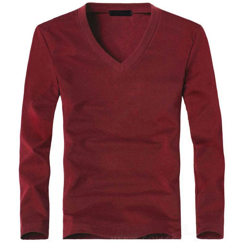 2026 Elastic Mens T-Shirt V-Neck Long Sleeve Men T Shirt For Male T-Shirts Man Clothing TShirt Brand New Solid Color Tops Tees