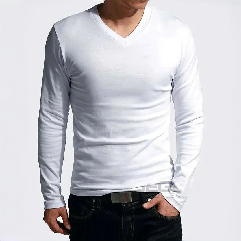 2026 Elastic Mens T-Shirt V-Neck Long Sleeve Men T Shirt For Male T-Shirts Man Clothing TShirt Brand New Solid Color Tops Tees