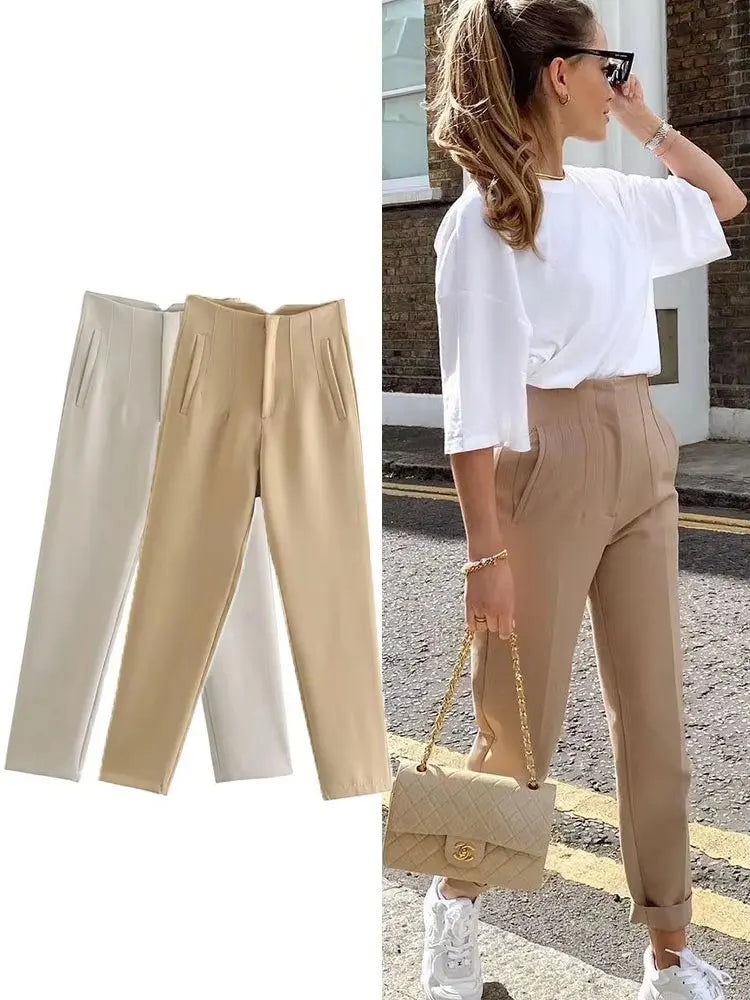 HH Women Elegant Solid Pencil Pants High Waist Pant For Women Casual Streetwear