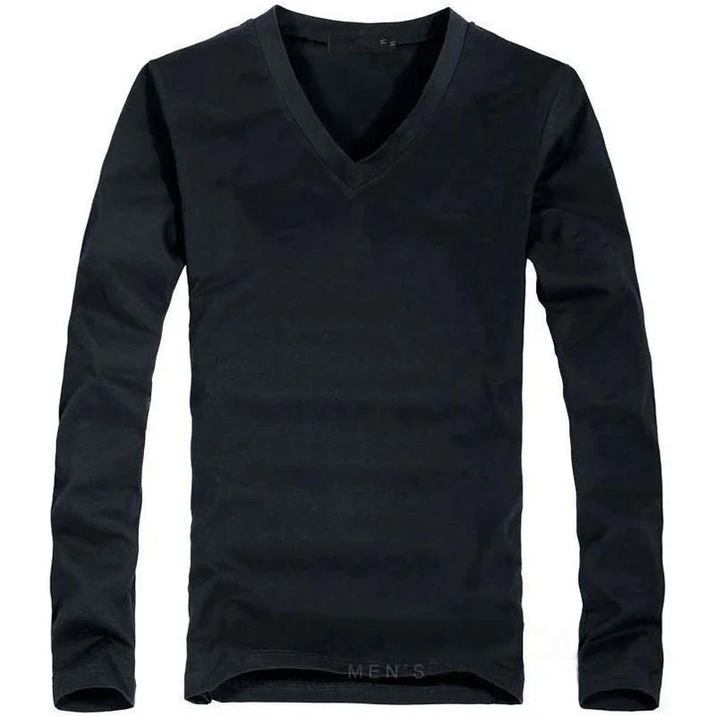 2026 Elastic Mens T-Shirt V-Neck Long Sleeve Men T Shirt For Male T-Shirts Man Clothing TShirt Brand New Solid Color Tops Tees