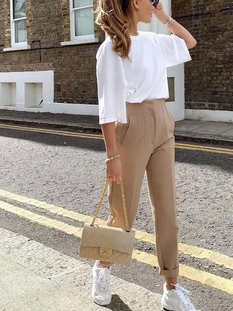 HH Women Elegant Solid Pencil Pants High Waist Pant For Women Casual Streetwear