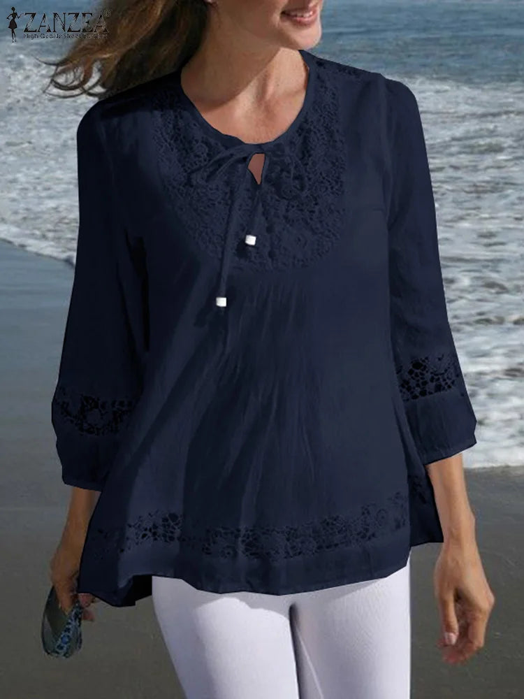Womens Lace Patchwork Blouses ZANZEA 2025 Summer