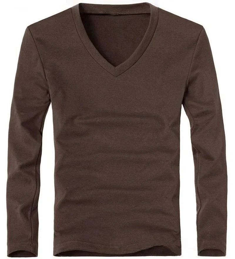 2026 Elastic Mens T-Shirt V-Neck Long Sleeve Men T Shirt For Male T-Shirts Man Clothing TShirt Brand New Solid Color Tops Tees