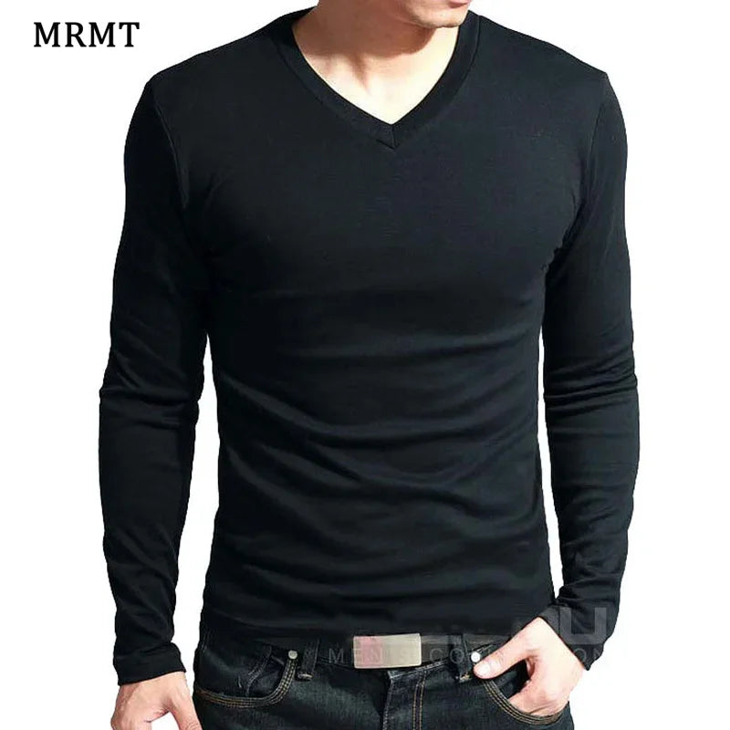 2026 Elastic Mens T-Shirt V-Neck Long Sleeve Men T Shirt For Male T-Shirts Man Clothing TShirt Brand New Solid Color Tops Tees