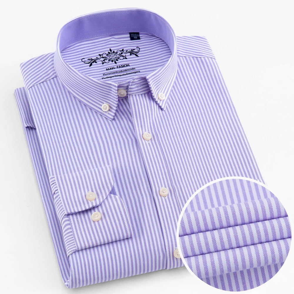 Men's Long Sleeve Oxford Plaid Striped Work Casual Shirt with Pocket, Spring Autumn  Cotton Blend Regular-fit Button-down Shirts