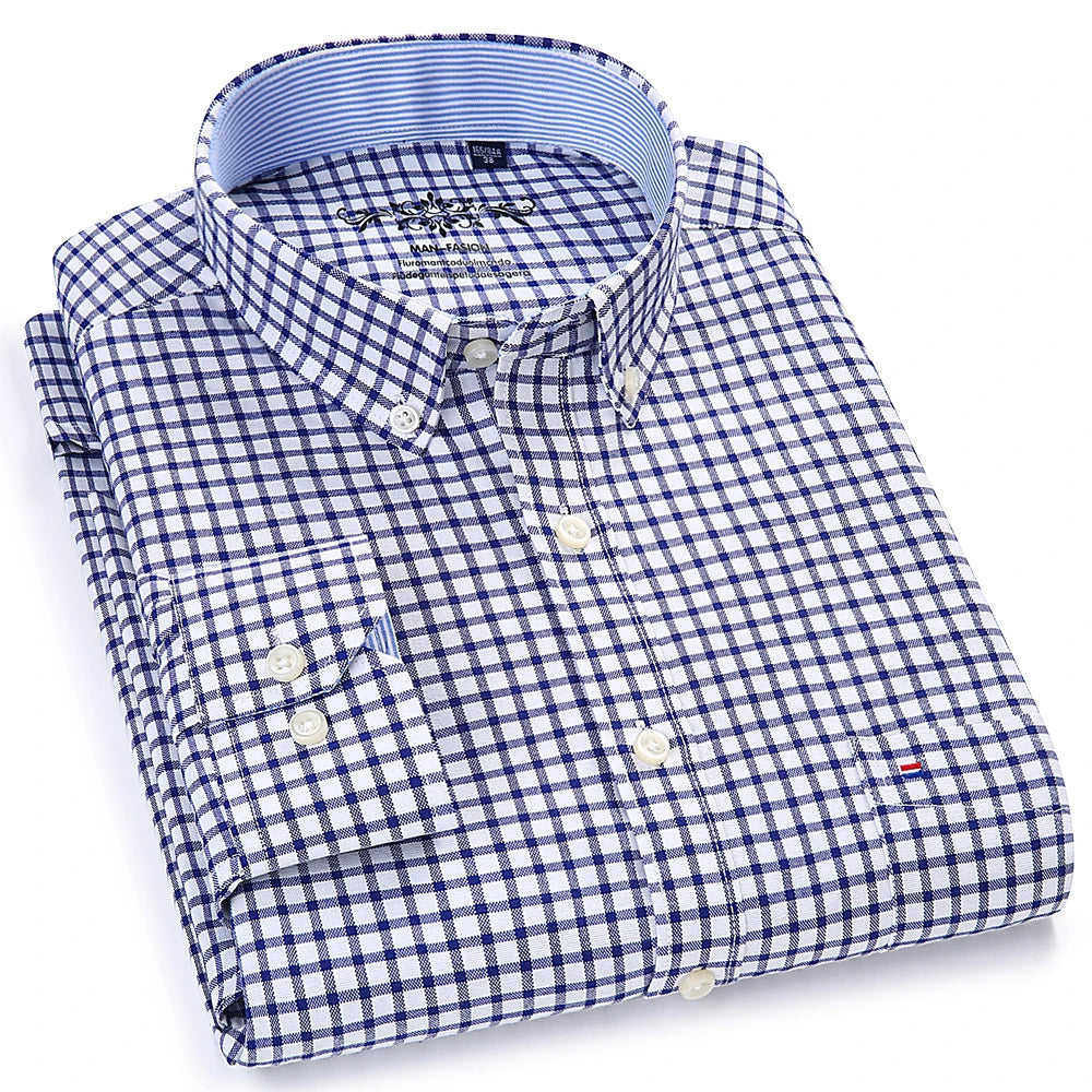 Men's Long Sleeve Oxford Plaid Striped Work Casual Shirt with Pocket, Spring Autumn  Cotton Blend Regular-fit Button-down Shirts