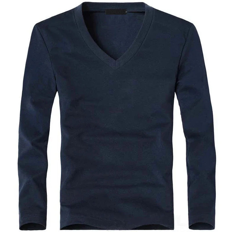 2026 Elastic Mens T-Shirt V-Neck Long Sleeve Men T Shirt For Male T-Shirts Man Clothing TShirt Brand New Solid Color Tops Tees