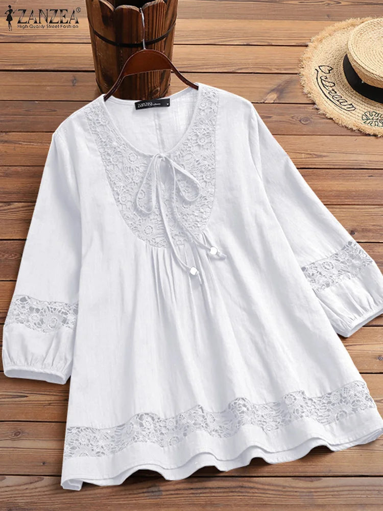 Womens Lace Patchwork Blouses ZANZEA 2025 Summer