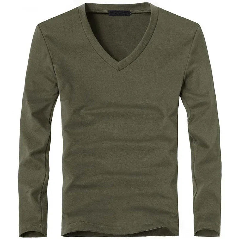 2026 Elastic Mens T-Shirt V-Neck Long Sleeve Men T Shirt For Male T-Shirts Man Clothing TShirt Brand New Solid Color Tops Tees