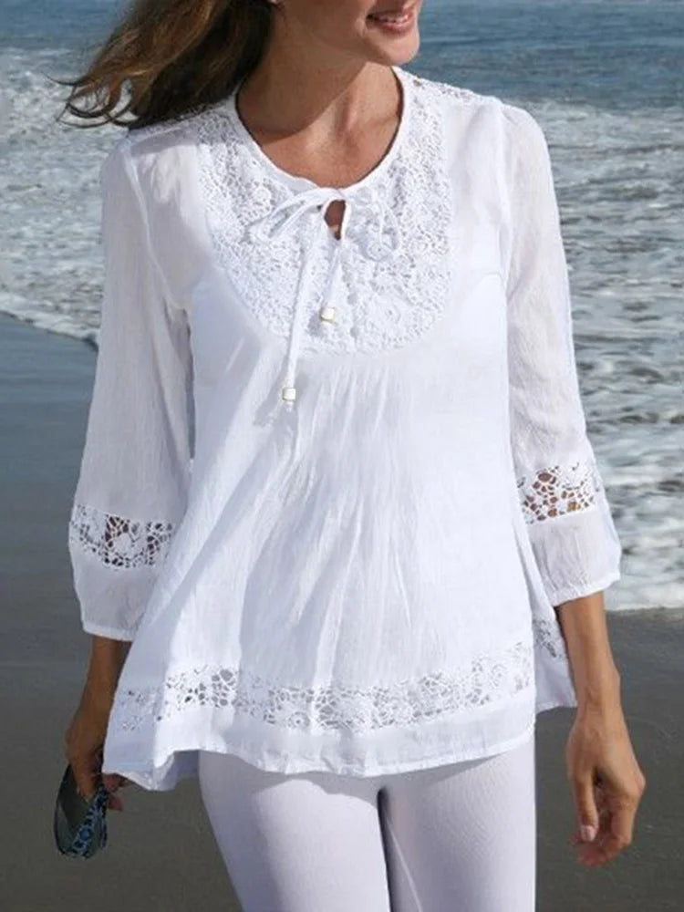Womens Lace Patchwork Blouses ZANZEA 2025 Summer