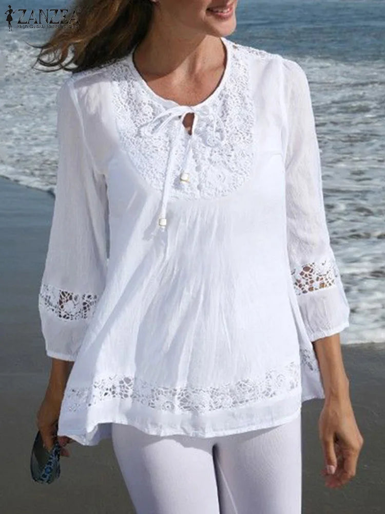 Womens Lace Patchwork Blouses ZANZEA 2025 Summer