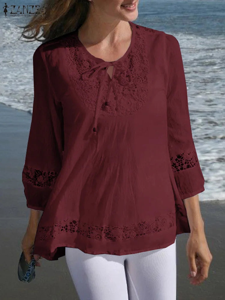 Womens Lace Patchwork Blouses ZANZEA 2025 Summer