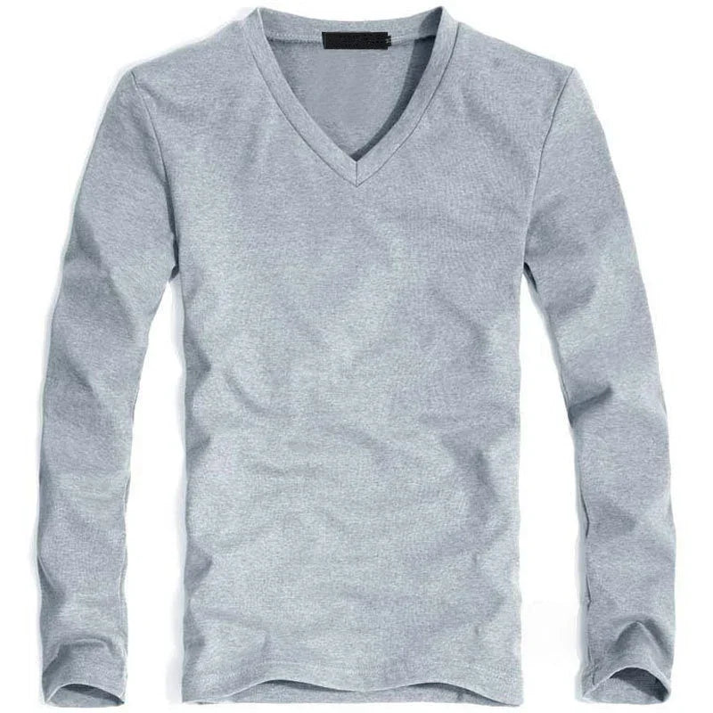 2026 Elastic Mens T-Shirt V-Neck Long Sleeve Men T Shirt For Male T-Shirts Man Clothing TShirt Brand New Solid Color Tops Tees